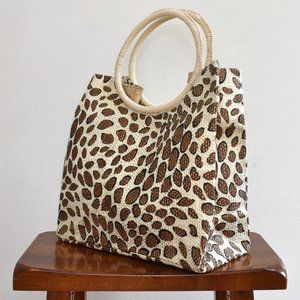 Natural Straw Leopard Animal Print Tote Handbag